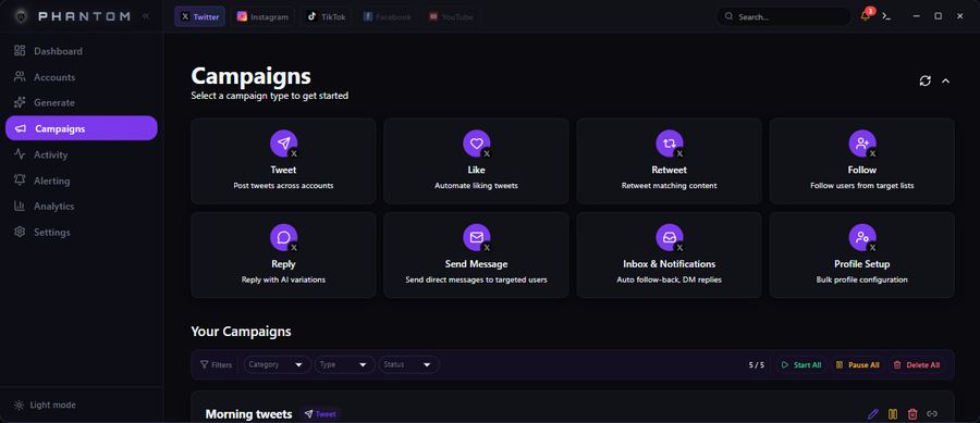 Phantom campaign type picker and campaign list: tweet, like, retweet, follow, reply, message, inbox, profile setup