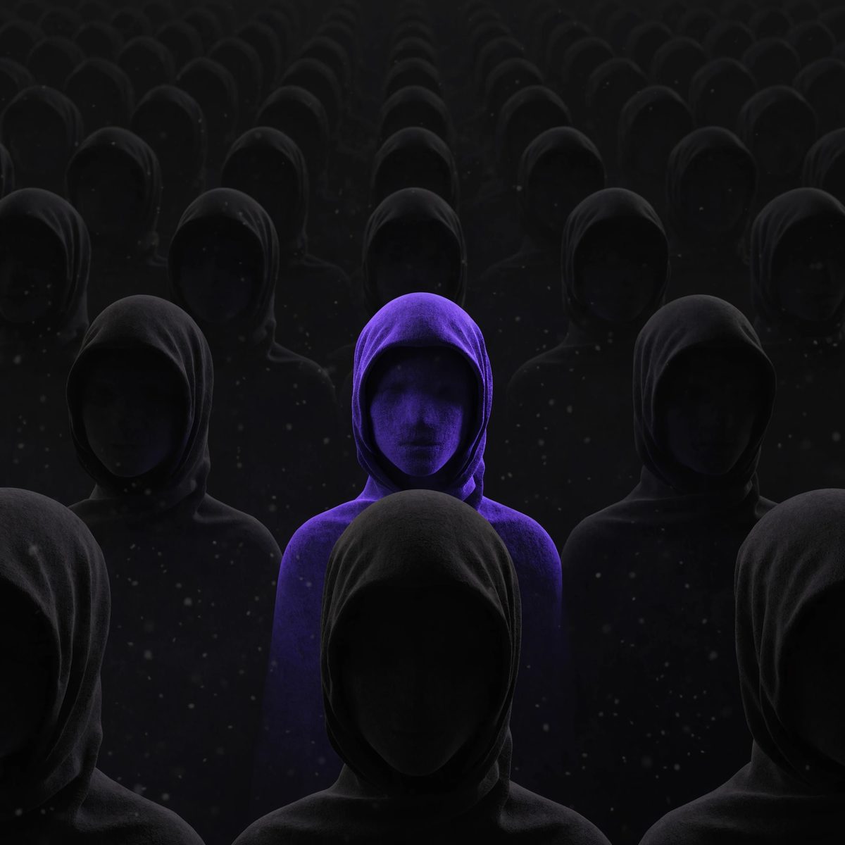 Rows of hooded figures, one lit in violet